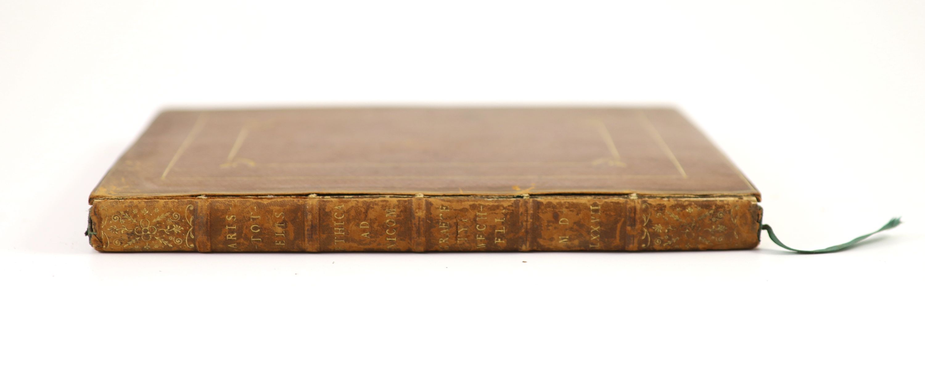 Aristotle (Gk. title) Ethicorum, sive de Moribus ad Nicomachum ... (8 ex 12), 192pp; engraved title device